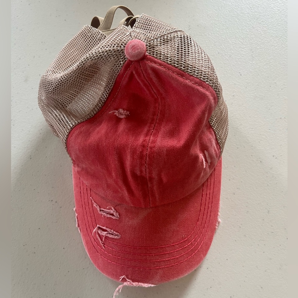 C.C Pink and Tan Distressed Mesh Trucker Hat